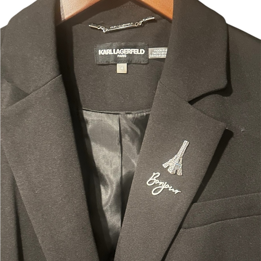NWT Karl Lagerfeld Black Blazer with Eiffel Tower & Bonjour Embellishments - Picture 3 of 5